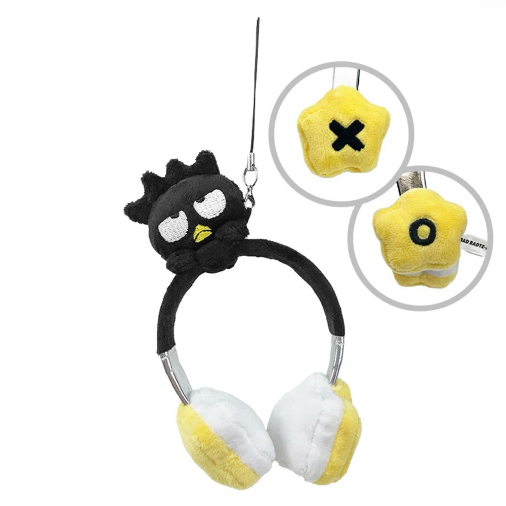 SANRIO Badtz-Maru Plush Black and Yellow Headphones Bag Charm